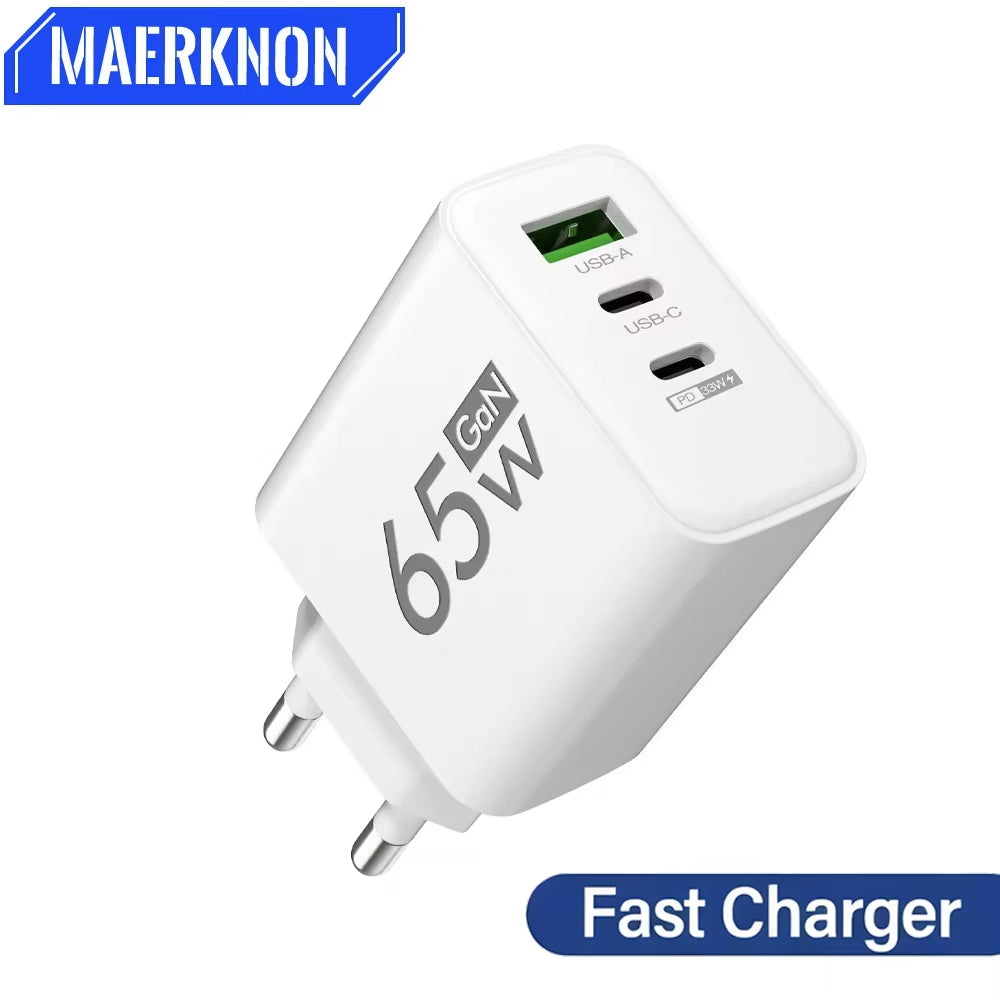 65W Gan USB Charger Fast Charging Quick Charger3.0 Travel Charger for Iphone 15 Samsung Xiaomi Mobile Phone Adapter EU US Plug