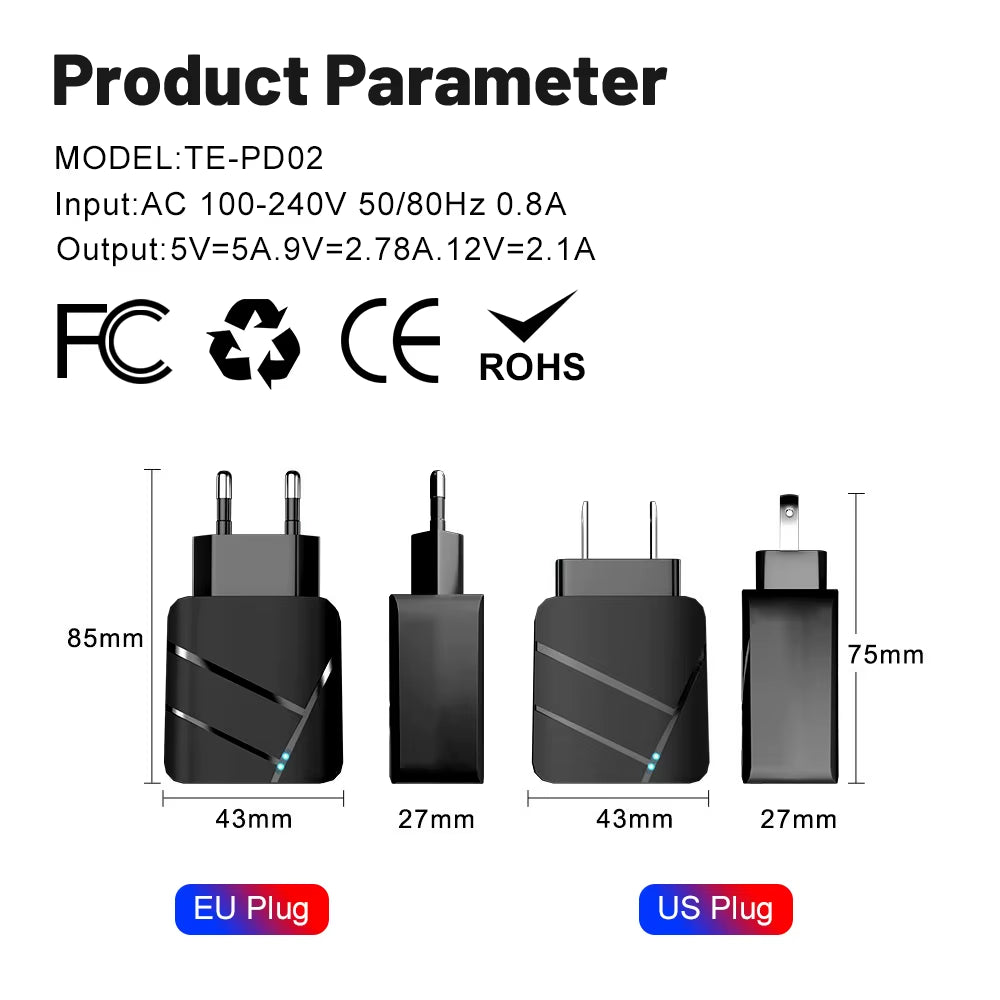 40W PD USB C Charger Quick Charge QC 3.0 Wall Charger Adapter for Iphone 14 13 Samsung Xiaomi USB Charger Fast Charging